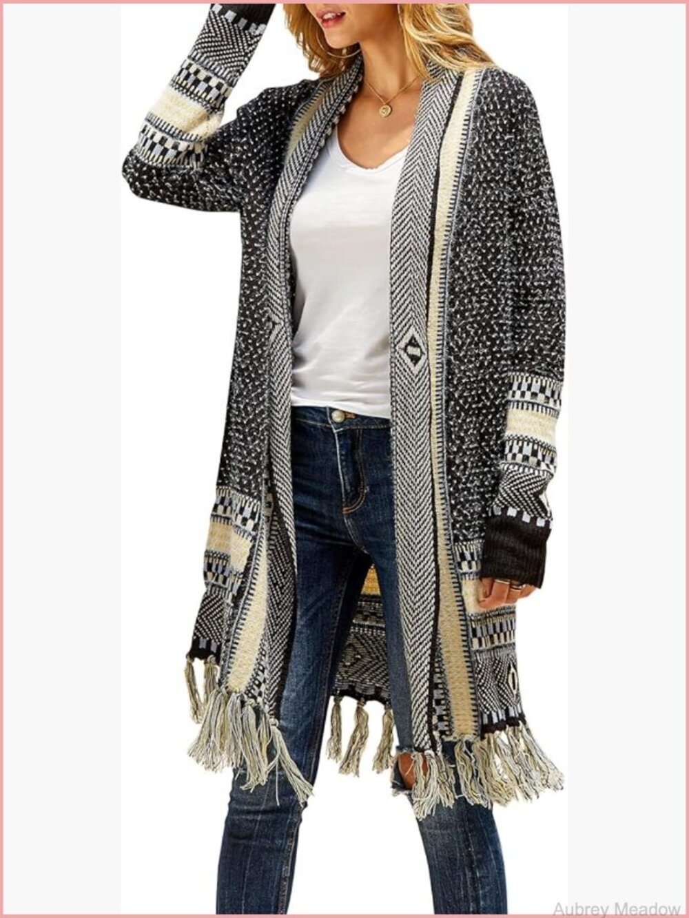 Boho Cardigan Sweater Long Open Front Maxi Knit Tassel Fringe Thin Coat